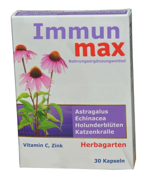 Immun max, 30 Kapseln, bei Erkältung, gegen Bakterien, Viren, Immunsystem, Abwehrkräfte stärken, Astragalus, Echinacea, Katzenkralle, Holunder, Vitamin C, Zink