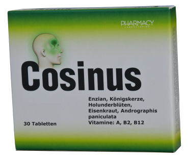 Cosinus, 30 Tabletten, 5 Kräuterextrakte, Vitaminen B2, B12, A, effektiv bei Nebenhöhlenentzündung, Infektionen im Rachenraum, bei Halsschmerzen, lösen Schleim auf