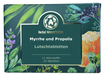 Myrrhe und Propolis plus 8 Kräuter-und Aktivstoffe, gegen Viren und Bakterien, für Kinder und Erwachsene bei Erkältung, Halsschmerzen, 24 Lutschtabletten
