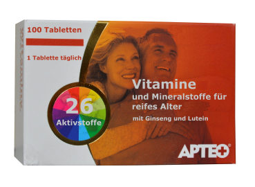 Vitamine und Mineralstoffe auch für reifes Alter, 100 Tabl. mit 26 aktiven Stoffen, Ginseng Extrakt,  Lutein und Zeaxantin für die Augen aus Aufrechter Studentenblume, allen Vitaminen und wichtigen Mineralstoffen, 1-2 Tabletten täglich, bis zu 2 Monatspac