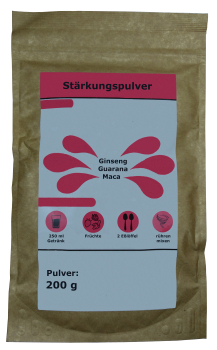 strengthening powder for smoothie, drink with ginseng, guarana, maca, beetroot, increases vitality, reduces stress, strengthens the body's defenses