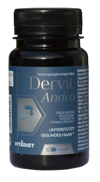 Dervit Andro, 60 Kapseln, verhindert androgenetischen Haarausfall bei Frauen, Männer, DHT Blocker, ausgesuchte pflanzliche Extrakte, Mineralstoffe, Vitamine, haarwuchsmittel, hochdosiert