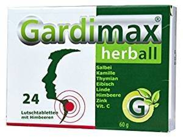 Gardimax lozenges - extracts of sage, thyme, marshmallow, chamomile, lime blossom, zinc and vitamin C, eliminate sore throat, alleviate irritation of the mucous membrane, dissolve mucus, prevent cold, for fresh breath, for gum problems, 24 tablets with ra