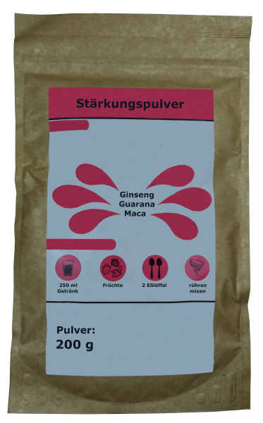 Stärkungspulver für Smoothie, Getränk mit Ginseng, Guarana, Maca, Rote Beete, erhöht Vitalität, reduziert Stress, stärkt Abwehrkräfte